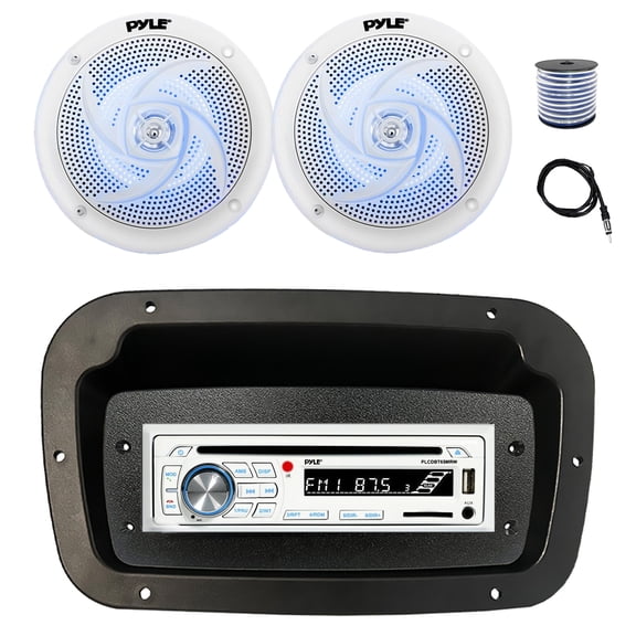 Pyle PLCDBT65 Single DIN Bluetooth Marine CD Stereo Receiver, Spa bezel, Adapter Plate, 22" Radio Antenna, Wire, 2x 6'' 240 Watt Max Power 2-Way Blue Flashing LED Audio Speakers (White)