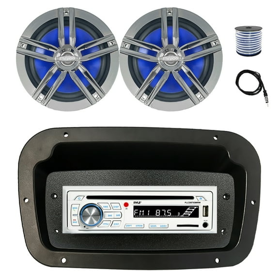 Pyle PLCDBT65 Single DIN Bluetooth Marine CD Stereo Receiver, Spa bezel, Adapter Plate, 22" Radio Antenna, Wire, 2x 6.5" 180 Watt Max Power 2-Way Water Resistant Audio Speakers (Charcoal)