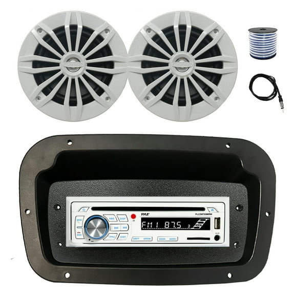 Pyle PLCDBT65 Single DIN Bluetooth Marine CD Stereo Receiver, Spa bezel, Adapter Plate, 22" Radio Antenna, Wire, 2x 6.5" 180 Watt Max Power 2-Way Water Resistant Audio Speakers (White)