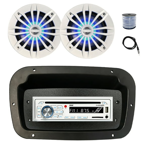 Pyle PLCDBT65 Single DIN Bluetooth Marine CD Stereo Receiver, Spa bezel, Adapter Plate, 22" Radio Antenna, Wire, 2x 6.5" 180 Watt Peak 2-Way Blue Flashing LED Boat Audio Speakers (White)