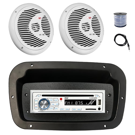 Pyle PLCDBT65 Single DIN Bluetooth Marine CD Stereo Receiver, Spa bezel, Adapter Plate, 22" Radio Antenna, Wire, 2x 8'' 180 Watt Max Full Range Dual Cone Waterproof Stereo Speakers (White)