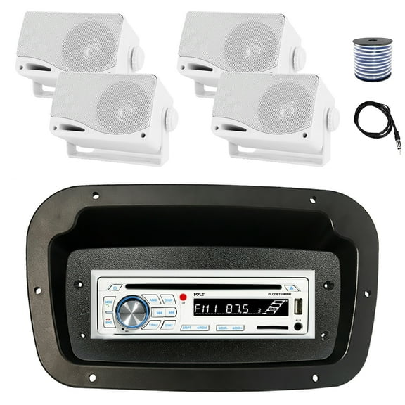 Pyle PLCDBT65 Single DIN Bluetooth Marine CD Stereo Receiver, Spa bezel, Adapter Plate, 22" Radio Antenna, Wire, 4x 3.5'' 200 Watt Max 3-Way Indoor/Outdoor Wall Mount Speaker (White)