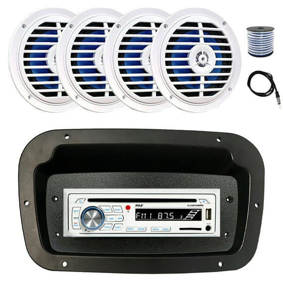 Pyle PLCDBT65 Single DIN Bluetooth Marine CD Stereo Receiver, Spa bezel, Adapter Plate, 22" Radio Antenna, Wire, 4x 5.25'' 100 Watt Peak Full Range Dual Cone Waterproof Stereo Speakers (White)