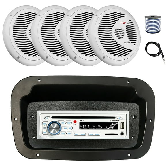 Pyle PLCDBT65 Single DIN Bluetooth Marine CD Stereo Receiver, Spa bezel, Adapter Plate, 22" Radio Antenna, Wire, 4x 6.5" 150 Watt Max Full Range Dual Cone Waterproof Stereo Speakers (White)
