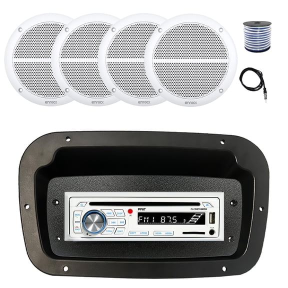 Pyle PLCDBT65 Single DIN Bluetooth Marine CD Stereo Receiver, Spa bezel, Adapter Plate, 22" Radio Antenna, Wire, 4x 6.5" 90 Watt Peak Power 2-Way Full Range Audio Speakers (White)