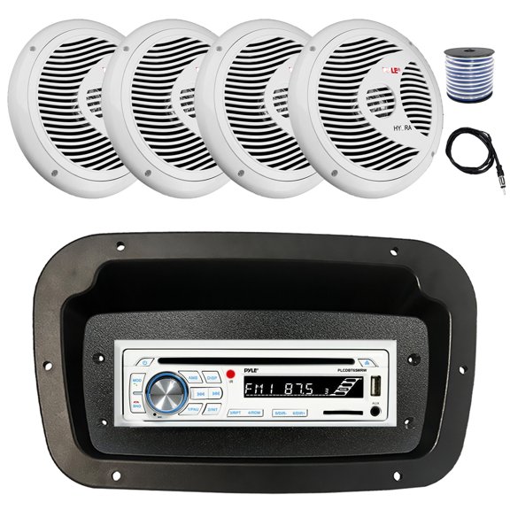 Pyle PLCDBT65 Single DIN Bluetooth Marine CD Stereo Receiver, Spa bezel, Adapter Plate, 22" Radio Antenna, Wire, 4x 8'' 180 Watt Max Full Range Dual Cone Waterproof Stereo Speakers (White)