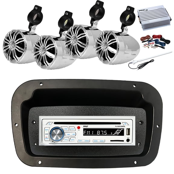 Pyle PLCDBT65 Single DIN Bluetooth Marine CD Stereo Receiver, Spa bezel, Adapter Plate, Long Range Antenna, Amplifier w/Kit, 4x 2.25" 10W Max Full Range Waterproof Off-Road Audio Speakers (Chrome)