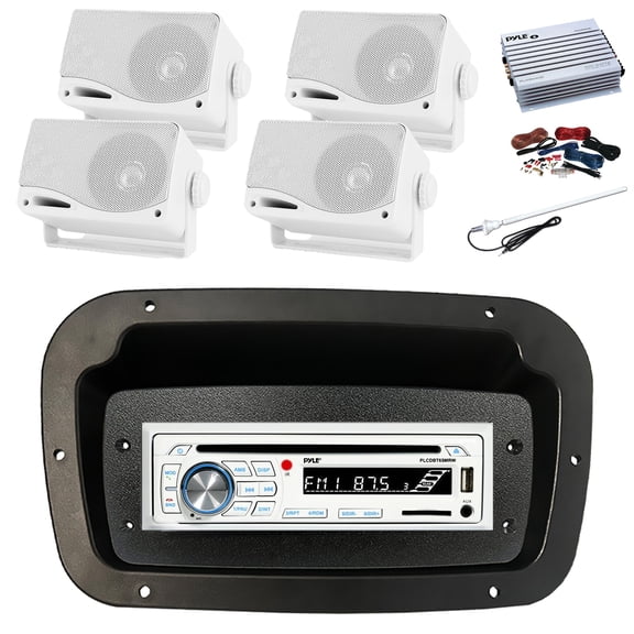 Pyle PLCDBT65 Single DIN Bluetooth Marine CD Stereo Receiver, Spa bezel, Adapter Plate, Long Range Antenna, Amplifier w/Kit, 4x 3.5'' 200 Watt Max 3-Way Indoor/Outdoor Wall Mount Speaker (White)