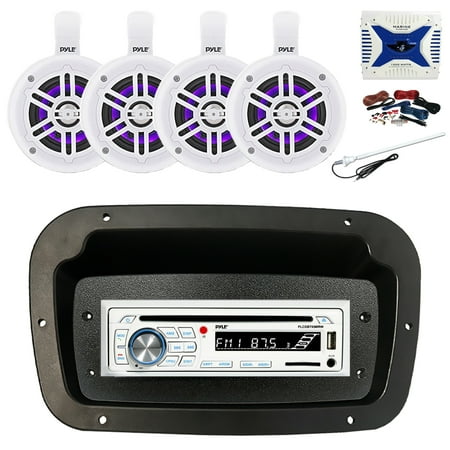 Pyle PLCDBT65 Single DIN Bluetooth Marine CD Stereo Receiver, Spa bezel, Adapter Plate, Long Range Antenna, Amplifier w/Kit, 4x 4" 300W Bluetooth Waterproof Wakeboard LED Tower Speakers (White)