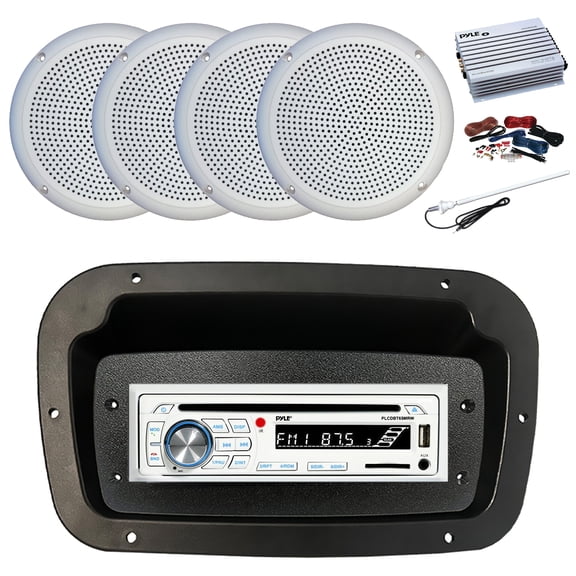 Pyle PLCDBT65 Single DIN Bluetooth Marine CD Stereo Receiver, Spa bezel, Adapter Plate, Long Range Antenna, Amplifier w/Kit, 4x 5.25" 20 Watt Max Polycone Audio Speakers (White, Bulk Packaging)
