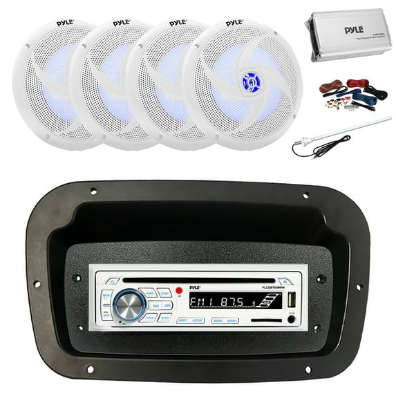 Pyle PLCDBT65 Single DIN Bluetooth Marine CD Stereo Receiver, Spa bezel, Adapter Plate, Long Range Antenna, Amplifier w/Kit, 4x 8'' 320 Watt Max 2-Way Blue Flashing LED Boat Speakers (White)