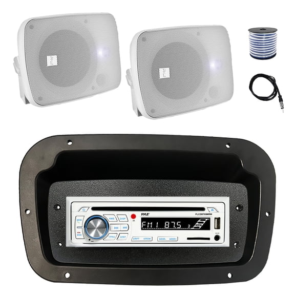 Pyle PLCDBT65 Single DIN Bluetooth Marine CD Stereo Receiver, Spa bezel, Adapter Plate, Radio Antenna, Wire, 2x 5.25" 600 Watt Max Power Bluetooth Indoor/Outdoor Waterproof Audio Speakers (White)