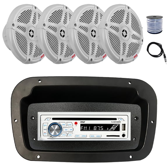 Pyle PLCDBT65 Single DIN Bluetooth Marine CD Stereo Receiver, Spa bezel, Adapter Plate, Radio Antenna, Wire, 4x 6.5" 600 Watt Max 2-Way Full Range Waterproof Wireless RF Streaming Speakers (White)