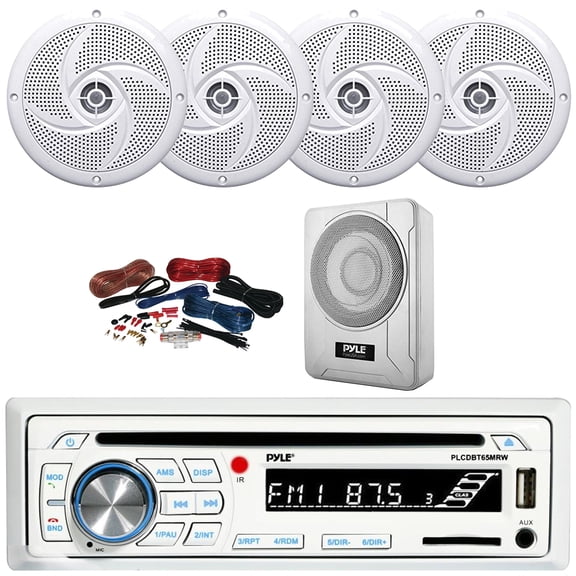 Pyle PLCDBT65 Single DIN Marine Bluetooth USB/AUX CD Player AM/FM Radio In-Dash Stereo Receiver, 4x 4" 100W Max Low Profile 2-Way Waterproof White Speakers, 8 600W Max Under-Seat Subwoofer W/Kit