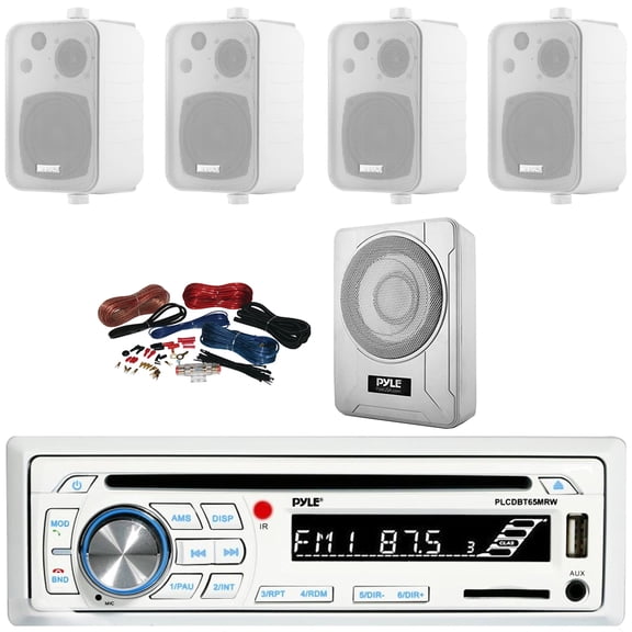 Pyle PLCDBT65 Single DIN Marine Bluetooth USB/AUX CD Player AM/FM Radio In-Dash Stereo Receiver, 4x 4" 30W Max Power 3-Way Indoor/Outdoor White Box-Speakers, 8 600W Max Under-Seat Subwoofer W/Kit