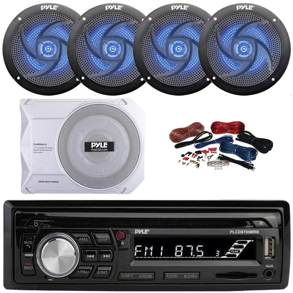 Pyle PLCDBT65 Single DIN Marine Bluetooth USB/AUX CD Player AM/FM Radio In-Dash Stereo Receiver, 4x 5.25" 180W Max 2-Way Blue Flashing LED White Speakers, 10 900W Max Under-Seat Subwoofer W/Kit