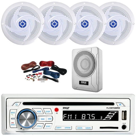 Pyle PLCDBT65 Single DIN Marine Bluetooth USB/AUX CD Player AM/FM Radio In-Dash Stereo Receiver, 4x 5.25" 180W Max 2-Way Low Profile Blue Flashing LED Speakers, 8 600W Max Under-Seat Subwoofer W/Kit