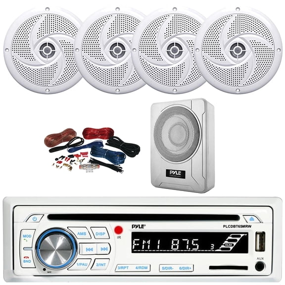 Pyle PLCDBT65 Single DIN Marine Bluetooth USB/AUX CD Player AM/FM Radio In-Dash Stereo Receiver, 4x 5.25" 180W Max Power 2-Way Waterproof Low Profile Speakers, 8 600W Max Under-Seat Subwoofer W/Kit
