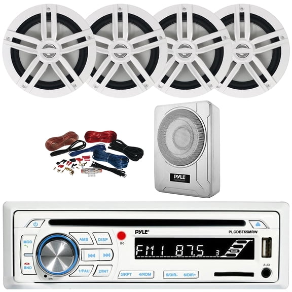 Pyle PLCDBT65 Single DIN Marine Bluetooth USB/AUX CD Player AM/FM Radio In-Dash Stereo Receiver, 4x 6.5" 180 Watt Max Power 2-Way White Boat Audio Speakers, 8 600W Max Under-Seat Subwoofer W/Kit