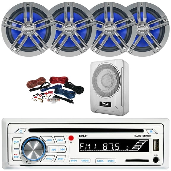 Pyle PLCDBT65 Single DIN Marine Bluetooth USB/AUX CD Player AM/FM Radio In-Dash Stereo Receiver, 4x 6.5" 180W Max 2-Way High-Performance Charcoal Boat Speakers, 8 600W Max Under-Seat Subwoofer W/Kit