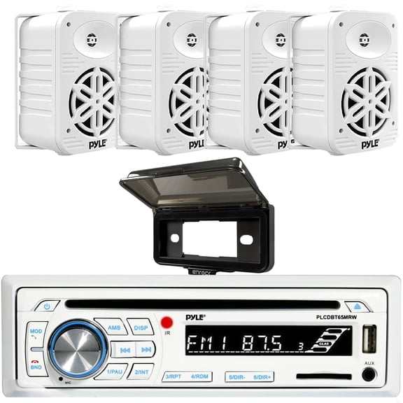 Pyle PLCDBT65 Single DIN Marine Bluetooth USB/AUX CD Player AM/FM Radio Stereo Receiver, White Receiver Dash Kit Cover Protector, 4x Pyle PDWR55WT 5.25" 500W Max 2-Way Indoor/Outdoor White Speakers