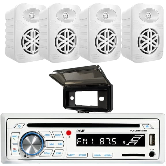 Pyle PLCDBT65 Single DIN Marine Bluetooth USB/AUX CD Player AM/FM Radio Stereo Receiver, White Receiver Dash Kit Cover Protector, 4x Pyle PDWRBT46WT 4 300W Max 2-Way Indoor/Outdoor White Speakers