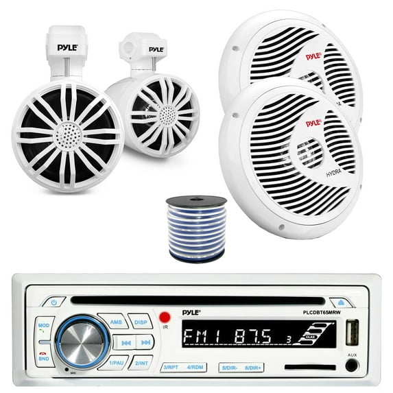 Pyle PLCDBT65MRW Single DIN Bluetooth Marine Stereo AM/FM CD/MP3 Stereo Receiver 2x 3.5’’ 40W Waterproof Rated Off-Road Speakers, 2x 8'' 180 Watt Waterproof Boat Speakers, Speaker Wire