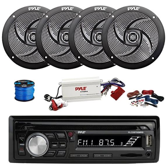 Pyle PLCDBT95 In Dash Bluetooth Marine Stereo MP3 CD Player AM/FM Receiver, 4-Channel Bluetooth Amplifier w/Install Kit, 4X 5.25" 180 Watt 2-Way Slim Low Profile Audio Speakers (Black) w/ Wire
