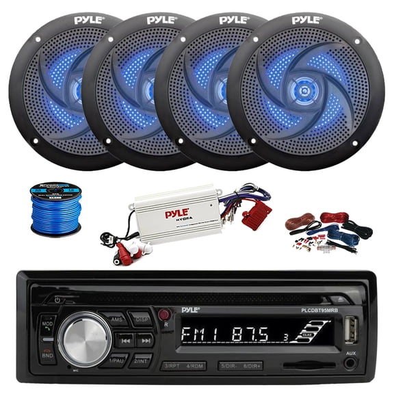 Pyle PLCDBT95 In Dash Bluetooth Marine Stereo MP3 CD Player AM/FM Receiver, 4-Channel Bluetooth Amplifier w/ Kit, 4X 5.25" 180 Watt 2-Way Low Profile Blue Flashing LED Audio Speakers (Black) w/ Wire
