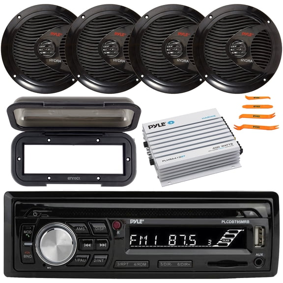 Pyle PLCDBT95 Single DIN Marine Bluetooth USB/AUX MP3/CD Player AM/FM In Dash Receiver W/Black Cover, 4x 6.5" 150W Max Full Range Dual Cone Waterproof Speakers, 4 Channel Amplifier, Pry Tool Set