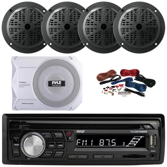 Pyle PLCDBT95 Single DIN Marine Bluetooth USB/AUX MP3/CD Player AM/FM Radio In Dash Stereo Receiver, 4x 4'' 100 Watt Max Dual Cone Waterproof Black Speakers, 10 900W Max Under-Seat Subwoofer W/Kit