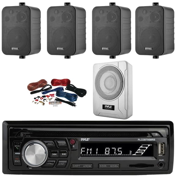 Pyle PLCDBT95 Single DIN Marine Bluetooth USB/AUX MP3/CD Player AM/FM Radio In Dash Stereo Receiver, 4x 4" 30W Max Power 3-Way Indoor/Outdoor Black Speakers, 8 600W Max Under-Seat Subwoofer W/Kit