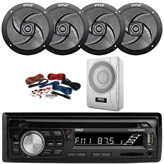 Pyle PLCDBT95 Single DIN Marine Bluetooth USB/AUX MP3/CD Player AM/FM Radio In Dash Stereo Receiver, 4x 5.25" 180W Max 2-Way Low Profile Slim Style Speakers, 8 600W Max Under-Seat Subwoofer W/Kit