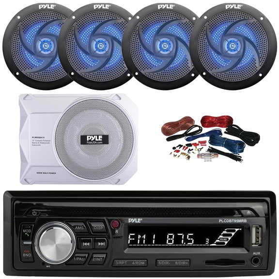 Pyle PLCDBT95 Single DIN Marine Bluetooth USB/AUX MP3/CD Player AM/FM Radio In Dash Stereo Receiver, 4x 5.25" 180W Max Low Profile Blue Flashing LED Speakers, 10 900W Max Under-Seat Subwoofer W/Kit