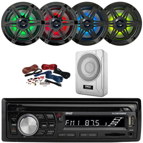 Pyle PLCDBT95 Single DIN Marine Bluetooth USB/AUX MP3/CD Player AM/FM Radio In Dash Stereo Receiver, 4x 6.5" 120W Max RGB LED Coaxial Speakers with Grilles, 8 600W Max Under-Seat Subwoofer W/Kit