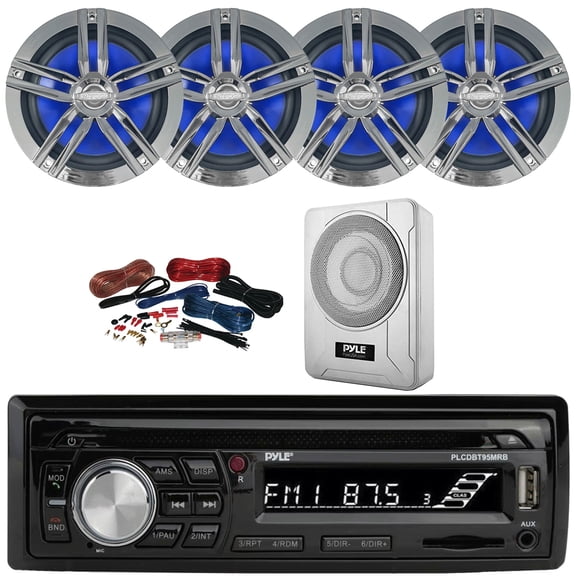 Pyle PLCDBT95 Single DIN Marine Bluetooth USB/AUX MP3/CD Player AM/FM Radio In Dash Stereo Receiver, 4x 6.5" 180W Max 2-Way High-Performance Charcoal Speakers, 8 600W Max Under-Seat Subwoofer W/Kit