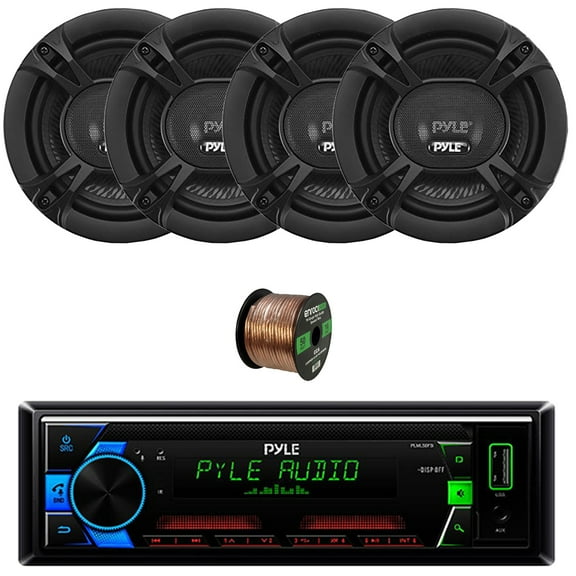 Pyle PLML50FB Single DIN AM/FM MP3 USB/AUX Stereo Receiver Bundle Combo Two Pairs (QTY 4) Of 6.5'' 300 Watts 3-Way Sound Triaxial Car Audio Speakers, 50 Feet 16 Gauge Speaker Wire