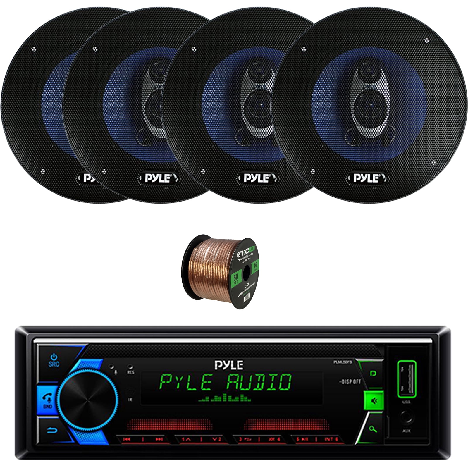 Pyle PLML50FB Single DIN AM/FM MP3 USB/AUX Stereo Receiver Bundle Combo ...