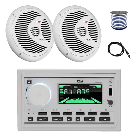 Pyle PLMR3DNWT Double DIN Marine USB Bluetooth AM/FM MP3 Stereo Receiver, (Pair) of Pyle PLMR60W 6.5'' 150 Watt Max Dual Cone Full Range Waterproof Speakers (White) w/Wire, 22" Radio Antenna