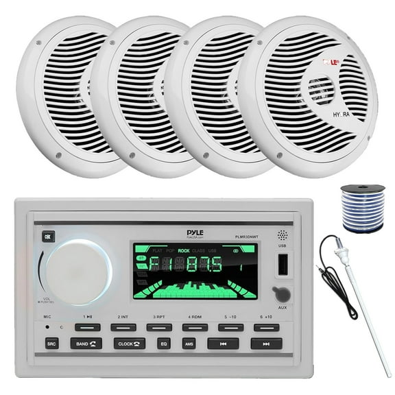 Pyle PLMR3DNWT Double DIN Marine USB Bluetooth AM/FM MP3 Stereo Receiver, (Qty 4) of Pyle PLMR60W 6.5'' 150 Watt Max Dual Cone Full Range Waterproof Speakers (White) w/Wire, Long Range Antenna (White)