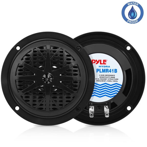PYLE PLMR41B - 4 Inch Dual Marine Speakers - Waterproof and Weather Resistant Outdoor Audio Stereo Sound System with Polyprone Cone, Cloth Surround and Low Profile Design - 1 Pair -(Black)