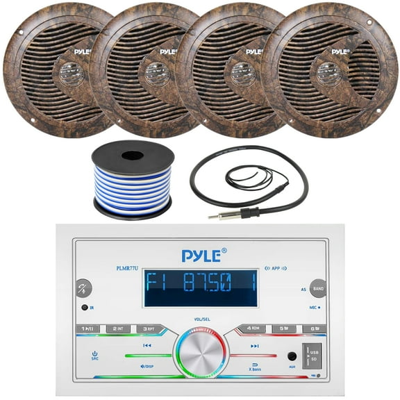 Pyle PLMR77U Double DIN AM/FM Stereo MP3 USB/AUX Bluetooth Marine Power Receiver with 2 Pairs of 6.5'' 150W Full Range Camouflage Waterproof Marine Speakers, Wired Antenna, 18 Gauge Speaker Wire