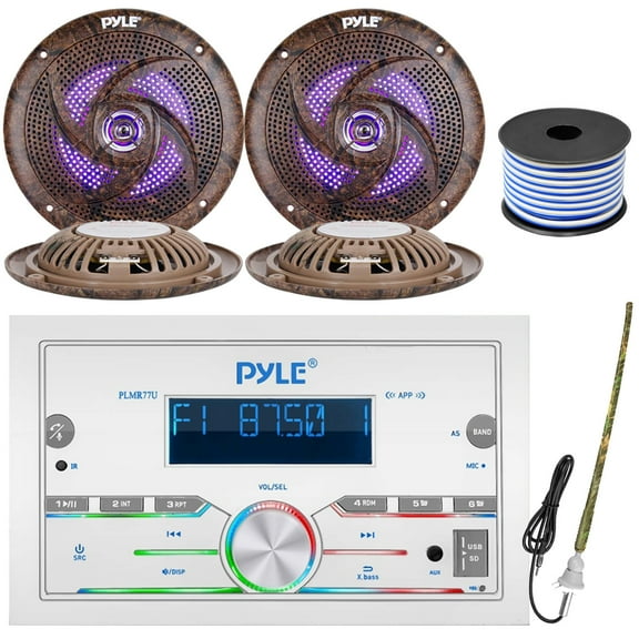 Pyle PLMR77U Double DIN AM/FM Stereo MP3 USB/AUX Bluetooth Marine Power Receiver with 2 Pairs of 6.5'' 240W Camouflage Waterproof Marine LED Speakers, Rubber Mast Antenna, 18 Gauge Speaker Wire