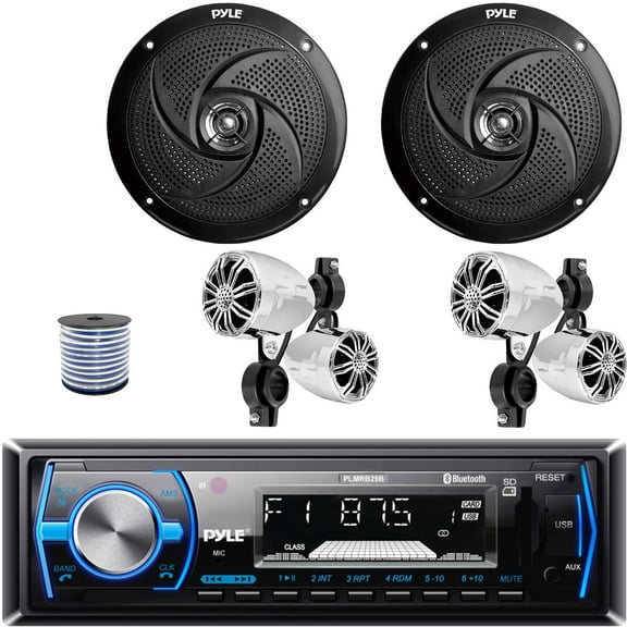 Pyle PLMRB29B Single DIN Bluetooth MP3 In-Dash Stereo Black Receiver, 2x 2.25 10W Waterproof Rated Off-Road Chrome Speakers, 2x 8'' 320W Low Profile 2-Way Boat Black Speakers, 18G Speaker Wire