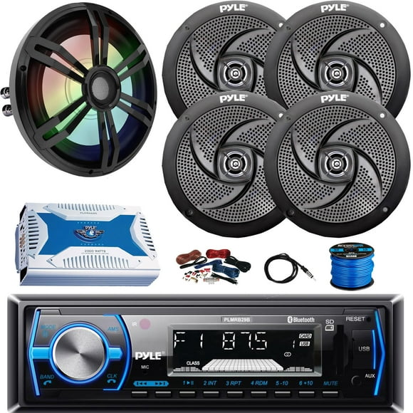 Pyle PLMRB29B Single DIN Bluetooth MP3 In-Dash Stereo Black Receiver, 4x 6'' 240W Low-Profile Boat Black Speakers, 12" 500W at Dual 4-Ohms Subwoofer, 6-CH 2000W Amp W/Kit, Radio Antenna, Speaker Wire