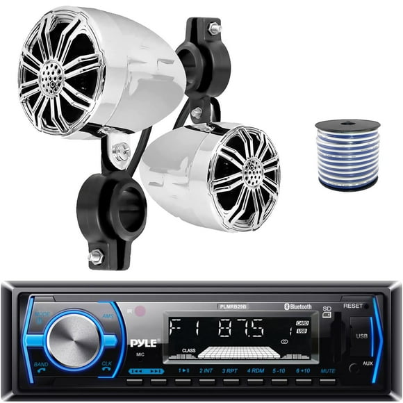 Pyle PLMRB29B Single DIN Bluetooth MP3 In-Dash Stereo Black Receiver Bundle Combo One Pair (QTY 2) Of 2.25 10W Waterproof Rated Off-Road Chrome Speakers, 18 Gauge 50 FT. Speaker Wire