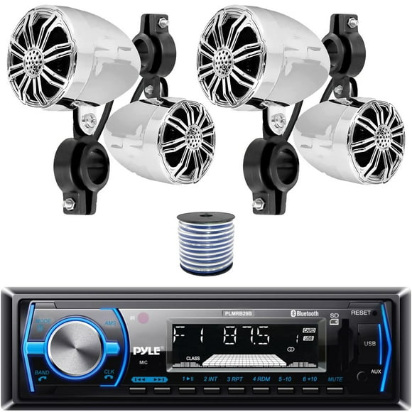 Pyle PLMRB29B Single DIN Bluetooth MP3 In-Dash Stereo Black Receiver Bundle Combo Two Pairs (QTY 4) Of 2.25 10W Waterproof Rated Off-Road Chrome Speakers, 18 Gauge 50 FT. Speaker Wire