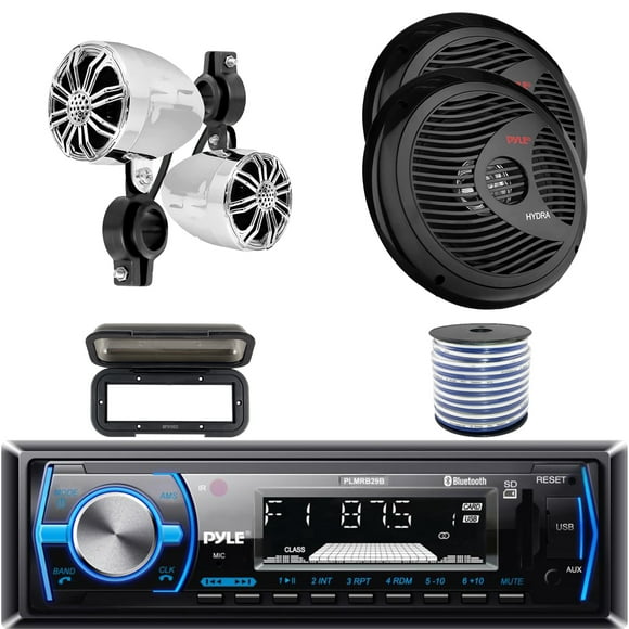 Pyle PLMRB29B Single DIN Bluetooth MP3 In-Dash Stereo Black Receiver W/Cover, 2x 2.25 20W Peak Power Waterproof Rated Off-Road Speakers, 2x 8'' 180W Full Range Speakers, 18 Gauge 50 FT. Speaker Wire