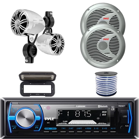 Pyle PLMRB29B Single DIN Bluetooth MP3 In-Dash Stereo Black Receiver W/Cover, 2x 2.25 10W Waterproof Rated Off-Road Chrome Speakers, 2x 6.5'' 150W 2-Way Boat Silver Speakers, Speaker Wire