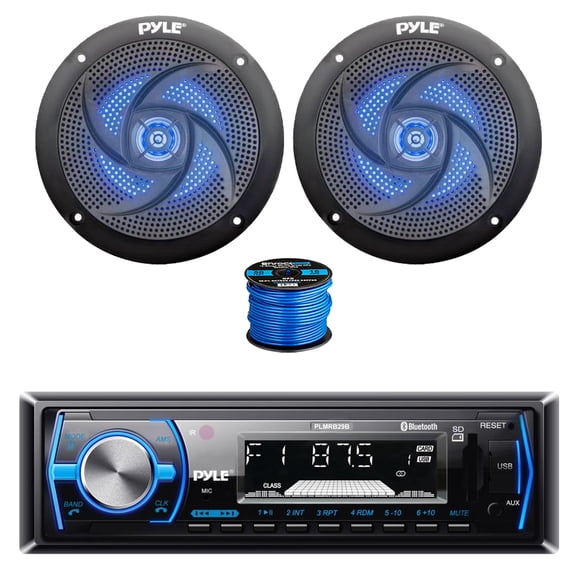Pyle PLMRB29B Single DIN Bluetooth MP3 In-Dash Stereo Receiver, 2x 5.25" 180 Watt 2-Way Slim Low Profile Blue Flashing LED Audio Speakers (Black) w/ Wire